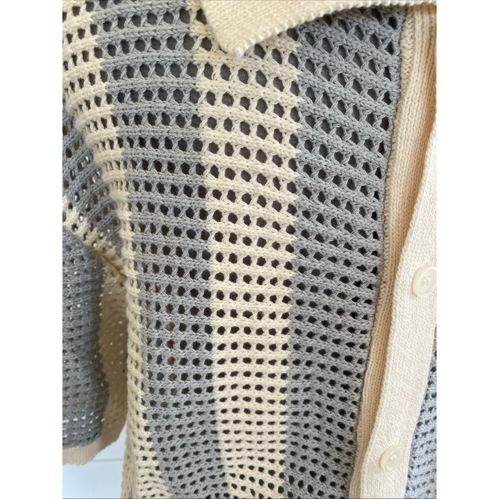 Massive Luxury Shirt Men’s Crochet Knit Button Down Collared New Ivory Beige L - Picture 5 of 13